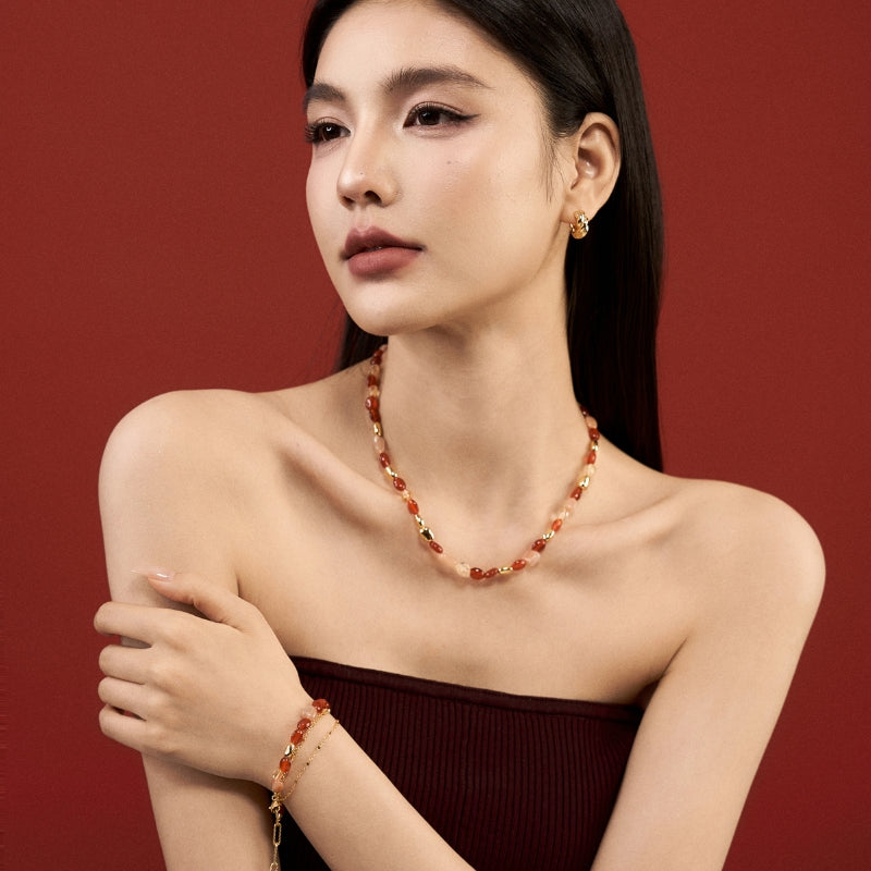 新年紅瑪瑙宝石串メッキネック