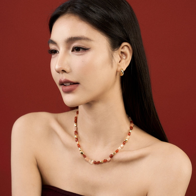 新年紅瑪瑙宝石串メッキネック