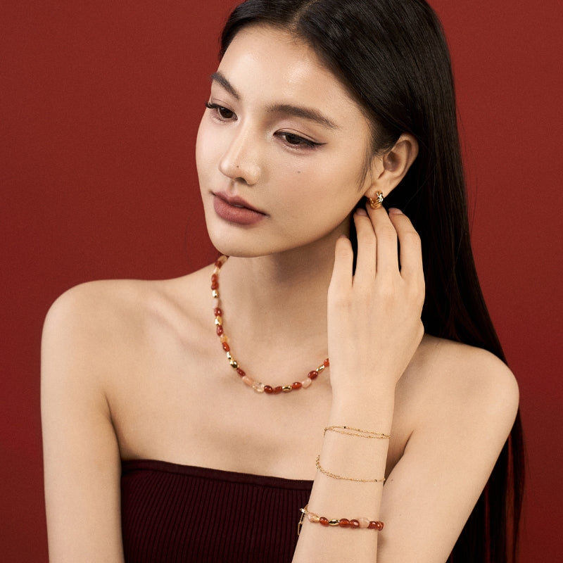 新年紅瑪瑙宝石串メッキネック