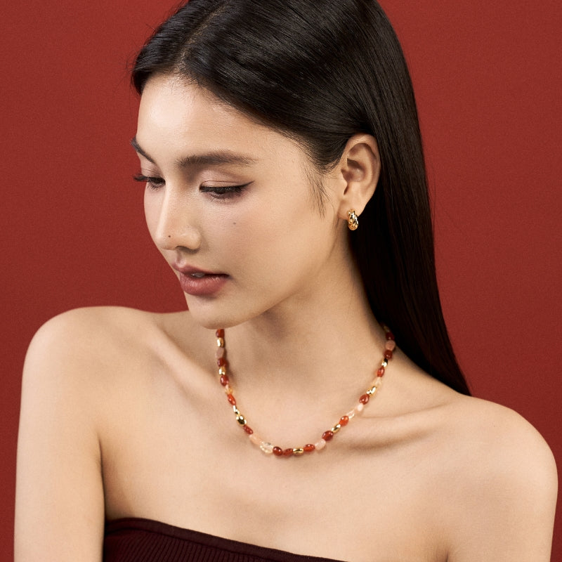 新年紅瑪瑙宝石串メッキネック