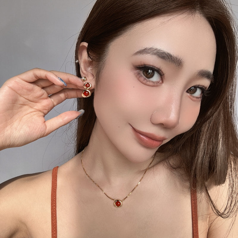 復古紅瑪瑙不規則ペンダントピアス